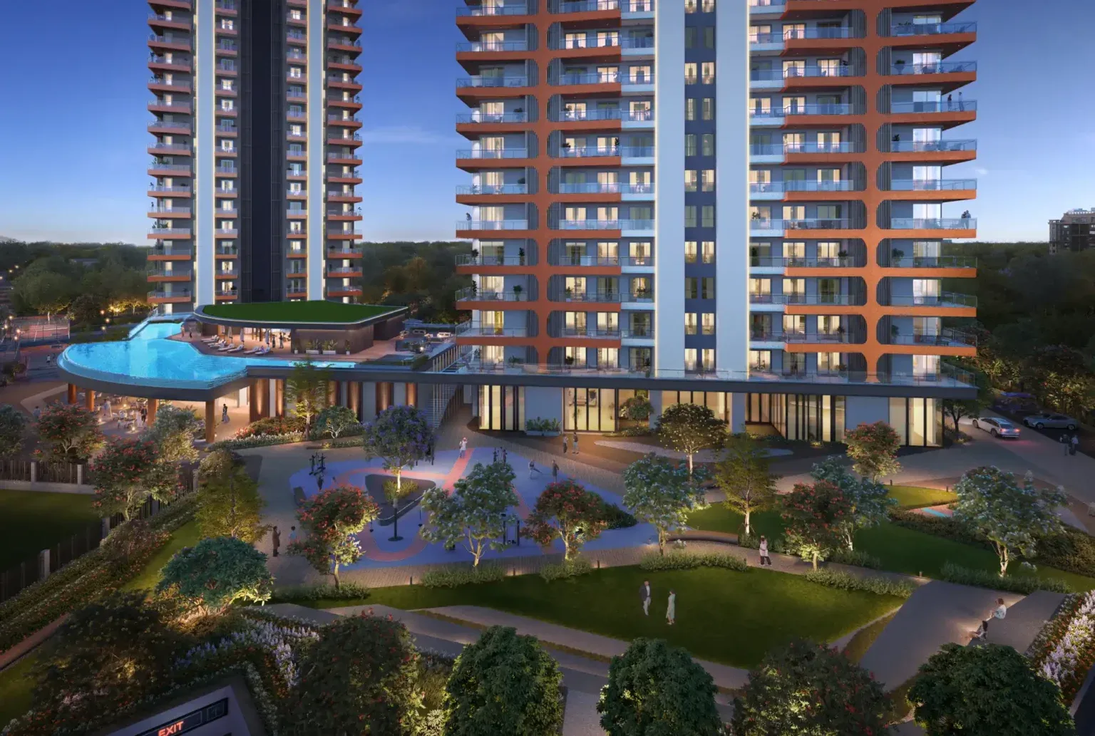 Elevated infinity pool and landscaped deck at Twin Horizon