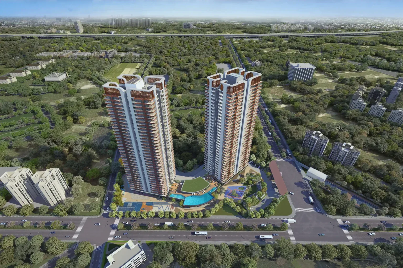 Open recreation landscape around Twin Horizon towers