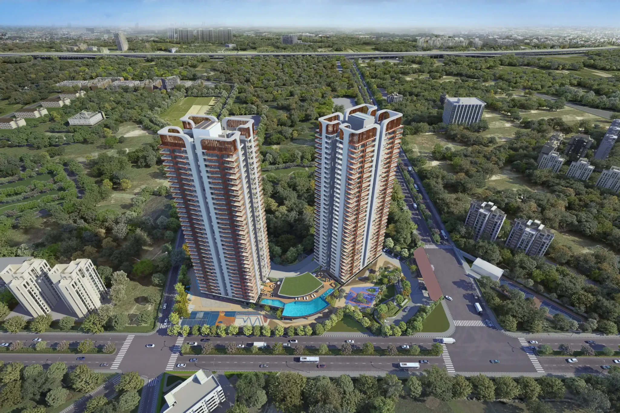 Aerial view of Twin Horizon towers and green surroundings